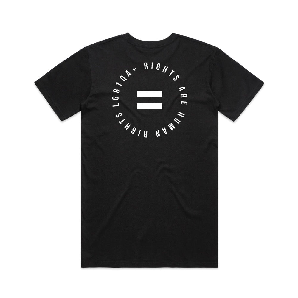 Black Pride t-shirt that says LGBTQ+ rights are human rights with equal sign in the middle