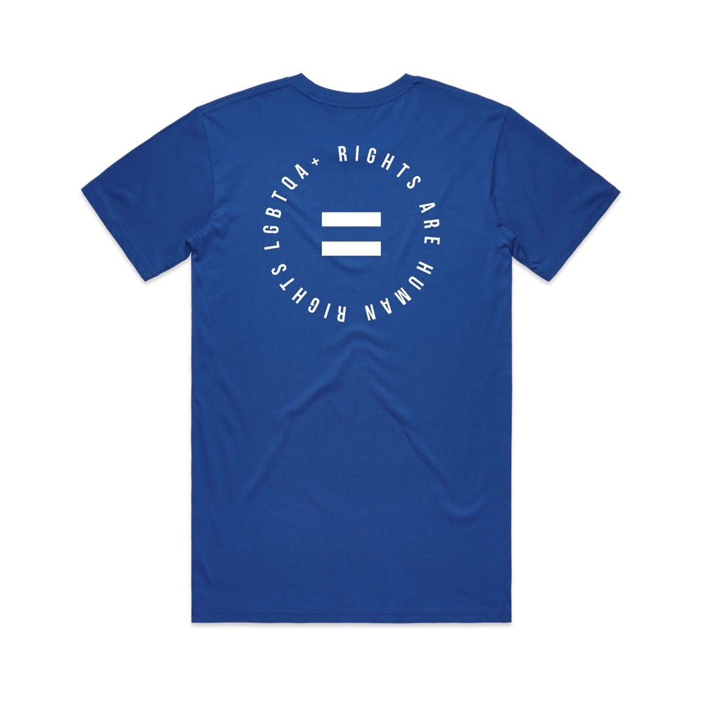 Blue Pride t-shirt that says LGBTQ+ rights are human rights with equal sign in the middle