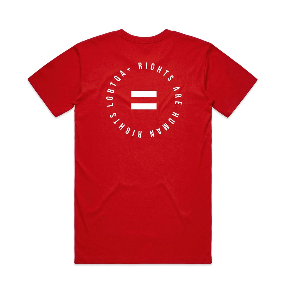 Red Pride t-shirt that says LGBTQ+ rights are human rights with equal sign in the middle