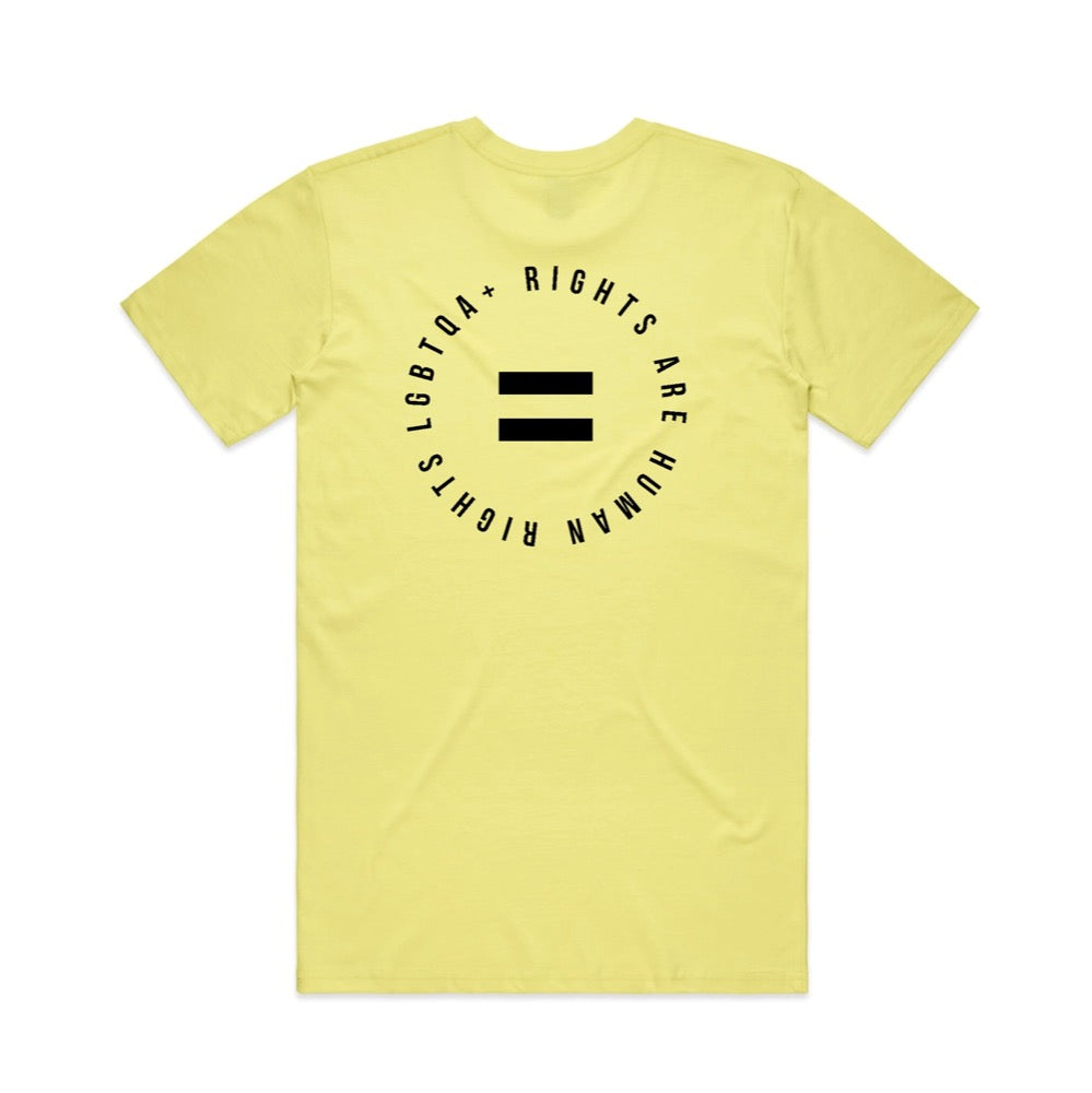 Yellow Pride t-shirt that says LGBTQ+ rights are human rights with equal sign in the middle